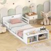 Twin Size Floor Bed with Storage Footboard and Guardrail, White