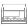 Twin Size Floor Wooden Bed with House Roof Frame, Fence Guardrails,Gray