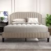 Modern Linen Curved Upholstered Platform Bed , Solid Wood Frame , Nailhead Trim, Beige (Queen)