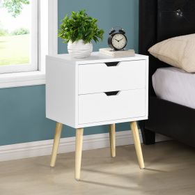 Side Table with 2 Drawer and Rubber Wood Legs;  Mid-Century Modern Storage Cabinet for Bedroom Living Room Furniture;  White