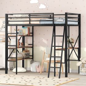 Twin Size Metal Loft Bed with Shelves and Desk