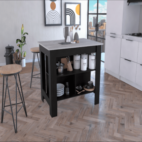 Kitchen Island Dozza, Three Shelves, Black Wengue / Ibiza Marble Finish