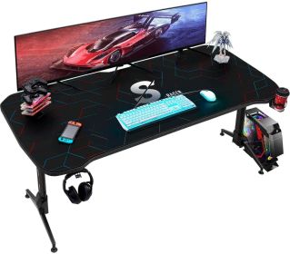 63 Inches Y-Shaped Legs Adjustable Height Computer Gaming Desk Carbon Fiber Surface Gaming Desk With Cup Holder & Headphone Hook(Black)