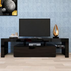 Modern Black TV Stand; 20 Colors LED TV Stand w/Remote Control Lights