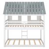 Twin over Twin Size Low Bunk Beds with Roof and Fence-shaped Guardrail, White