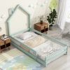 Twin Size Wood bed with House-shaped Headboard Floor bed with Fences,Light Green