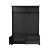 ON-TREND Modern Style Hall Tree with Storage Cabinet and 2 Large Drawers, Widen Mudroom Bench with 5 Coat Hooks, Black