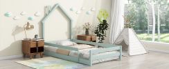 Twin Size Wood bed with House-shaped Headboard Floor bed with Fences,Light Green