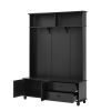 ON-TREND Modern Style Hall Tree with Storage Cabinet and 2 Large Drawers, Widen Mudroom Bench with 5 Coat Hooks, Black