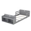 Twin Size Floor Bed with Storage Footboard and Guardrail, Grey