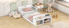 Twin Size Floor Bed with Storage Footboard and Guardrail, White