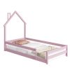 Twin Size Wood bed with House-shaped Headboard Floor bed with Fences,Pink