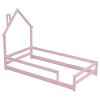 Twin Size Wood bed with House-shaped Headboard Floor bed with Fences,Pink