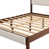 Mid Century Modern Upholestery Platform Bed with Walnut Wood Frame, Queen