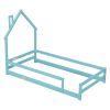 Twin Size Wood bed with House-shaped Headboard Floor bed with Fences,Light Blue