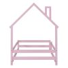 Twin Size Wood bed with House-shaped Headboard Floor bed with Fences,Pink