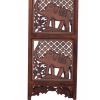 Hand Carved Elephant Design Foldable 4 Panel Wooden Room Divider, Brown