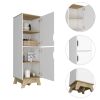 Pamplona Microwave Tall Cabinet Counter Surface; Top And Lower Double Doors Cabinets -Light Oak / White