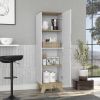 Pamplona Microwave Tall Cabinet Counter Surface; Top And Lower Double Doors Cabinets -Light Oak / White