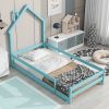 Twin Size Wood bed with House-shaped Headboard Floor bed with Fences,Light Blue