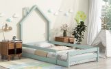 Twin Size Wood bed with House-shaped Headboard Floor bed with Fences,Light Green