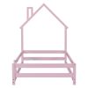 Twin Size Wood bed with House-shaped Headboard Floor bed with Fences,Pink