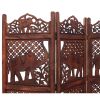 Hand Carved Elephant Design Foldable 4 Panel Wooden Room Divider, Brown