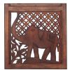 Hand Carved Elephant Design Foldable 4 Panel Wooden Room Divider, Brown