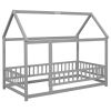 Twin Size Floor Wooden Bed with House Roof Frame, Fence Guardrails,Gray