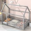 Twin Size Floor Wooden Bed with House Roof Frame, Fence Guardrails,Gray