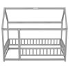 Twin Size Floor Wooden Bed with House Roof Frame, Fence Guardrails,Gray