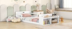 Twin Size Floor Bed with Storage Footboard and Guardrail, White