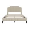 Modern Linen Curved Upholstered Platform Bed , Solid Wood Frame , Nailhead Trim, Beige (Queen)