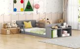 Twin Size Floor Bed with Storage Footboard and Guardrail, Grey