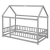 Twin Size Floor Wooden Bed with House Roof Frame, Fence Guardrails,Gray