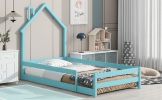 Twin Size Wood bed with House-shaped Headboard Floor bed with Fences,Light Blue