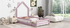 Twin Size Wood bed with House-shaped Headboard Floor bed with Fences,Pink