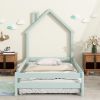 Twin Size Wood bed with House-shaped Headboard Floor bed with Fences,Light Green