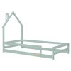 Twin Size Wood bed with House-shaped Headboard Floor bed with Fences,Light Green