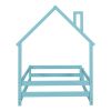 Twin Size Wood bed with House-shaped Headboard Floor bed with Fences,Light Blue