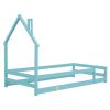 Twin Size Wood bed with House-shaped Headboard Floor bed with Fences,Light Blue