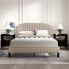 Modern Linen Curved Upholstered Platform Bed , Solid Wood Frame , Nailhead Trim, Beige (Queen)