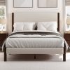 Mid Century Modern Upholestery Platform Bed with Walnut Wood Frame, Queen