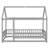 Twin Size Floor Wooden Bed with House Roof Frame, Fence Guardrails,Gray