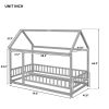 Twin Size Floor Wooden Bed with House Roof Frame, Fence Guardrails,Gray