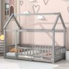 Twin Size Floor Wooden Bed with House Roof Frame, Fence Guardrails,Gray