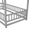 Twin Size Floor Wooden Bed with House Roof Frame, Fence Guardrails,Gray