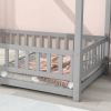 Twin Size Floor Wooden Bed with House Roof Frame, Fence Guardrails,Gray