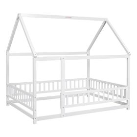 Full Size Floor Wooden Bed with House Roof Frame, Fence Guardrails ,White (Color: as Pic)