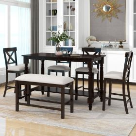 6-Piece Counter Height Dining Table Set Table with Shelf 4 Chairs and Bench for Dining Room (Color: Espresso)